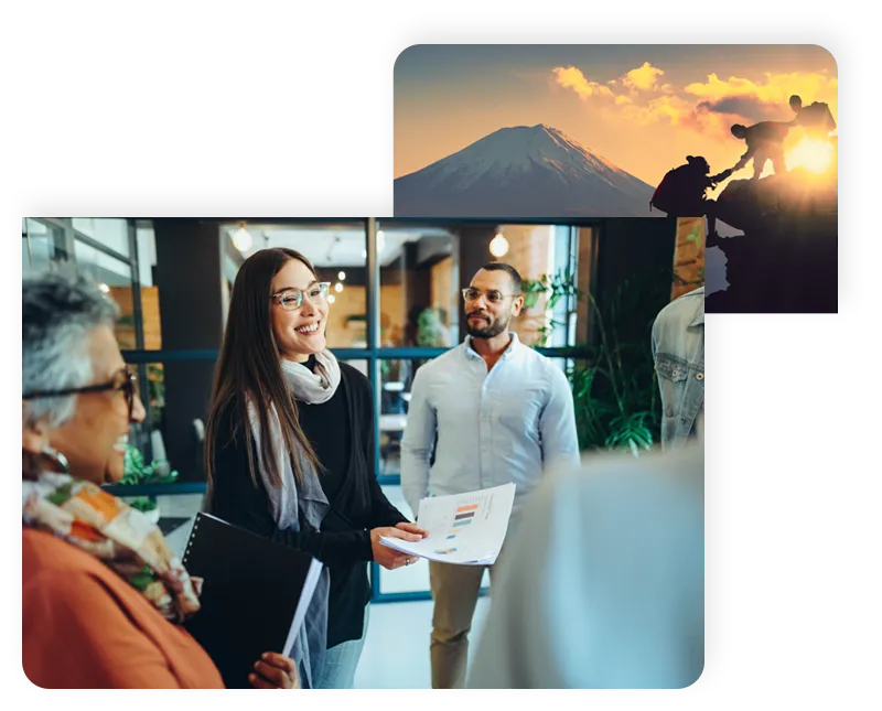 Collage of images illustrating workplace and outdoor teamwork, highlighting collaboration in both professional and informal environments.